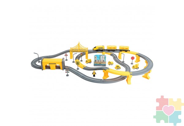 Железная дорога игрушка "Строительная площадка, 92 предмета", на батарейках со звуком