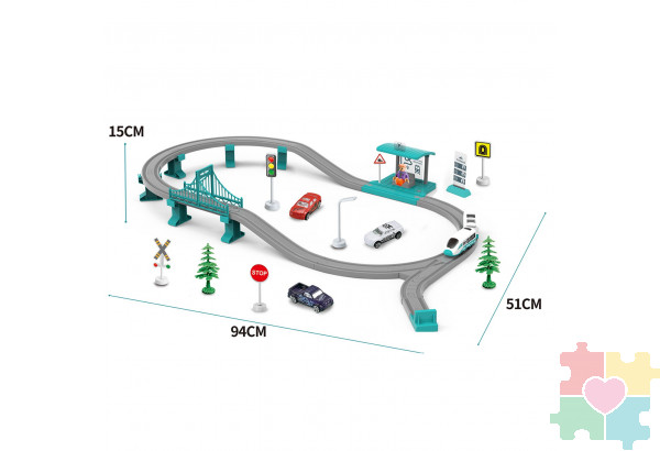 Железная дорога для детей "Мой город, 63 предмета", на батарейках со светом и звуком (Бирюзовая)