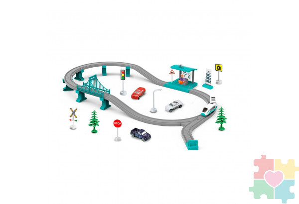 Железная дорога для детей "Мой город, 63 предмета", на батарейках со светом и звуком (Бирюзовая)