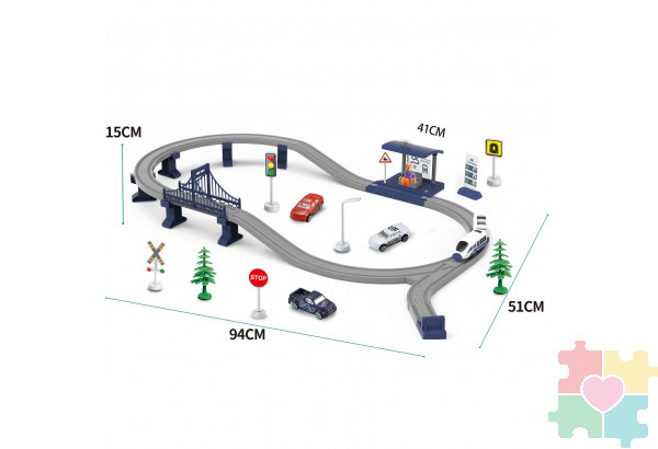 Железная дорога для детей "Мой город, 63 предмета", на батарейках со светом и звуком (Синяя)