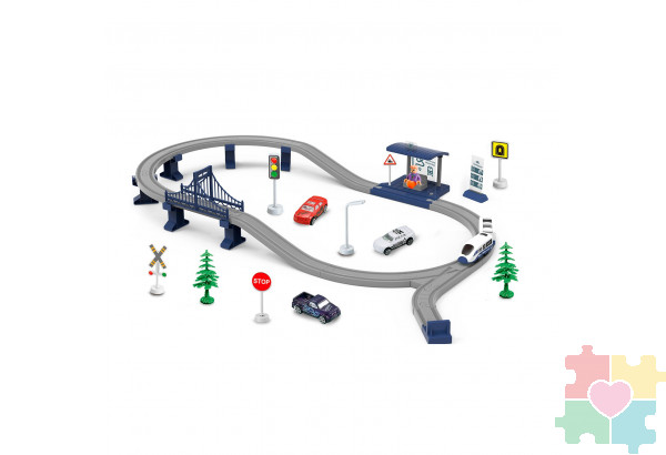 Железная дорога для детей "Мой город, 63 предмета", на батарейках со светом и звуком (Синяя)