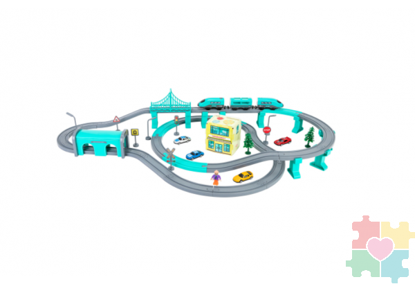 Большая игрушечная железная дорога "Мой город, 104 предмета", на батарейках со свет и звуком (Бирюзовая)