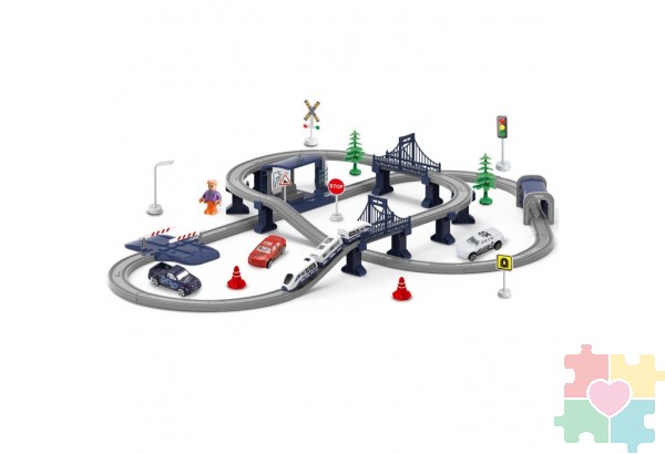 Большая игрушечная железная дорога "Мой город, 104 предмета", на батарейках со свет и звуком (Синяя)