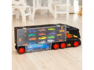 Детская машинка серии "Мой город" (Автовоз - кейс 60 см, черный. Набор из 12 машинок, 1 фуры и 8 дорожных знаков)
