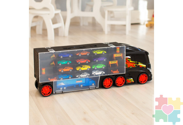 Детская машинка серии "Мой город" (Автовоз - кейс 60 см, черный. Набор из 12 машинок, 1 фуры и 8 дорожных знаков)