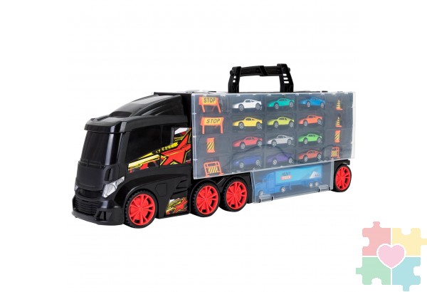Детская машинка серии "Мой город" (Автовоз - кейс 60 см, черный. Набор из 12 машинок, 1 фуры и 8 дорожных знаков)