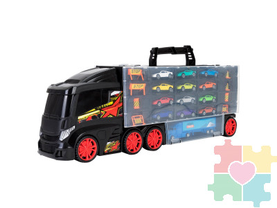 Детская машинка серии "Мой город" (Автовоз - кейс 60 см, черный. Набор из 12 машинок, 1 фуры и 8 дорожных знаков)