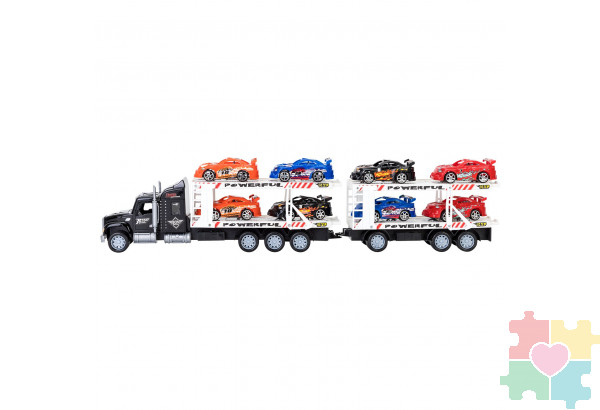 Игрушечные машинки серии "Гоночный трек" (Автовоз - тягач с прицепом 64 см, черный. 8 гоночных машин)