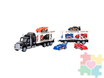 Игрушечные машинки серии "Гоночный трек" (Автовоз - тягач с прицепом 64 см, черный. 8 гоночных машин)