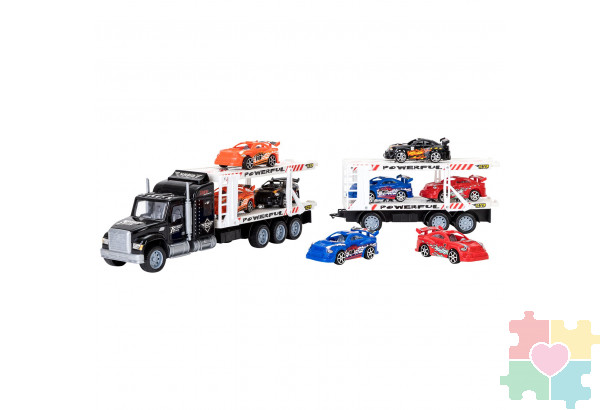 Игрушечные машинки серии "Гоночный трек" (Автовоз - тягач трехуровневый 64 см, черный. 8 гоночных машин)
