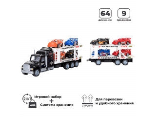 Игрушечные машинки серии "Гоночный трек" (Автовоз - тягач трехуровневый 64 см, черный. 8 гоночных машин)