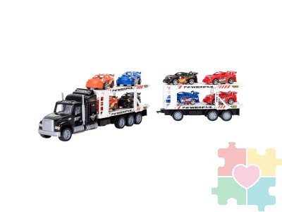 Игрушечные машинки серии "Гоночный трек" (Автовоз - тягач трехуровневый 64 см, черный. 8 гоночных машин)