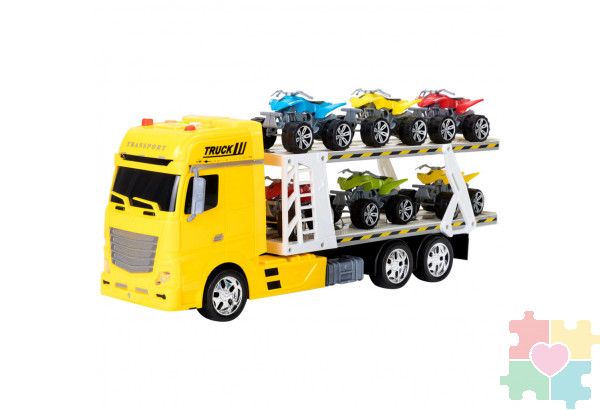 Игрушечные машинки серии "Мой город" (Автовоз - тягач 45 см, со светом и звуком, желтый. 6 квардроциклов)