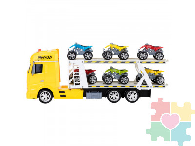 Игрушечные машинки серии "Мой город" (Автовоз - тягач 45 см, со светом и звуком, желтый. 6 квардроциклов)