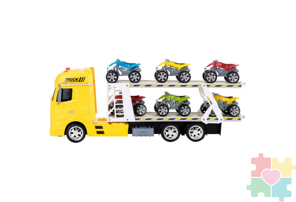 Игрушечные машинки серии "Мой город" (Автовоз - тягач 45 см, со светом и звуком, желтый. 6 квардроциклов)
