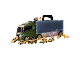 Набор машинок серии "Милитари" (Автовоз - кейс 51,5 см, зеленый, с тоннелем. 4 машинки, 1 автобус, 1 вертолет и 10 дорожных знаков)