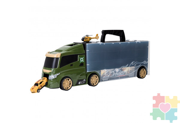 Набор машинок серии "Милитари" (Автовоз - кейс 51,5 см, зеленый, с тоннелем. 4 машинки, 1 автобус, 1 вертолет и 10 дорожных знаков)