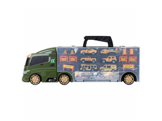 Набор машинок серии "Милитари" (Автовоз - кейс 51,5 см, зеленый, с тоннелем. 4 машинки, 1 автобус, 1 вертолет и 10 дорожных знаков)