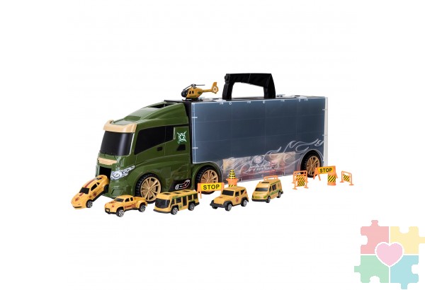 Набор машинок серии "Милитари" (Автовоз - кейс 51,5 см, зеленый, с тоннелем. 4 машинки, 1 автобус, 1 вертолет и 10 дорожных знаков)