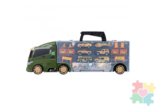 Набор машинок серии "Милитари" (Автовоз - кейс 51,5 см, зеленый, с тоннелем. 4 машинки, 1 автобус, 1 вертолет и 10 дорожных знаков)