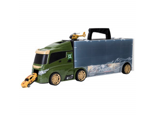 Набор машинок серии "Милитари" (Автовоз - кейс 51,5 см, зеленый, с тоннелем. 4 машинки, 1 автобус, 1 вертолет и 10 дорожных знаков)