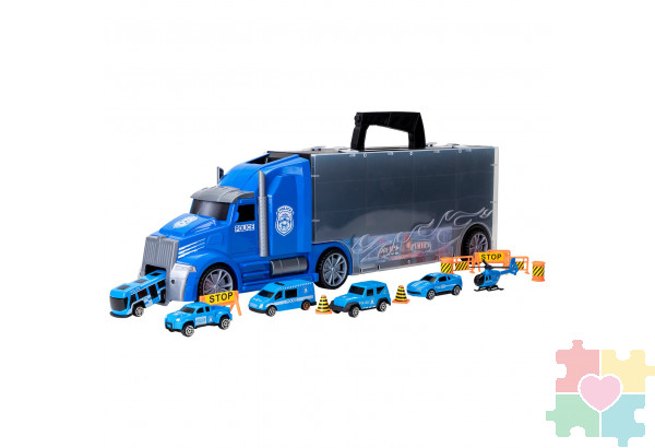 Набор машинок серии "Полицейский участок" (Автовоз - кейс 54 см, синий, с тоннелем. 4 машинки, 1 автобус, 1 вертолет и 10 дорожных знаков)