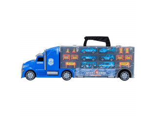 Набор машинок серии "Полицейский участок" (Автовоз - кейс 54 см, синий, с тоннелем. 4 машинки, 1 автобус, 1 вертолет и 10 дорожных знаков)