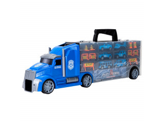 Набор машинок серии "Полицейский участок" (Автовоз - кейс 54 см, синий, с тоннелем. 4 машинки, 1 автобус, 1 вертолет и 10 дорожных знаков)