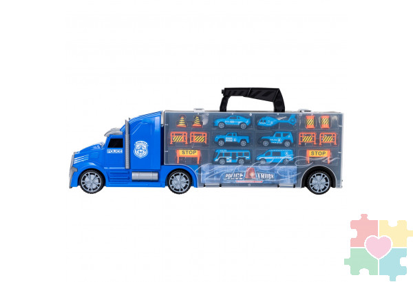 Набор машинок серии "Полицейский участок" (Автовоз - кейс 54 см, синий, с тоннелем. 4 машинки, 1 автобус, 1 вертолет и 10 дорожных знаков)