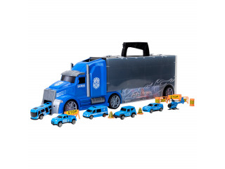 Набор машинок серии "Полицейский участок" (Автовоз - кейс 54 см, синий, с тоннелем. 4 машинки, 1 автобус, 1 вертолет и 10 дорожных знаков)