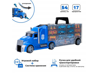 Набор машинок серии "Полицейский участок" (Автовоз - кейс 54 см, синий, с тоннелем. 4 машинки, 1 автобус, 1 вертолет и 10 дорожных знаков)
