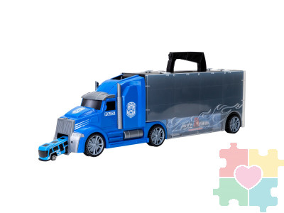 Набор машинок серии "Полицейский участок" (Автовоз - кейс 54 см, синий, с тоннелем. 4 машинки, 1 автобус, 1 вертолет и 10 дорожных знаков)