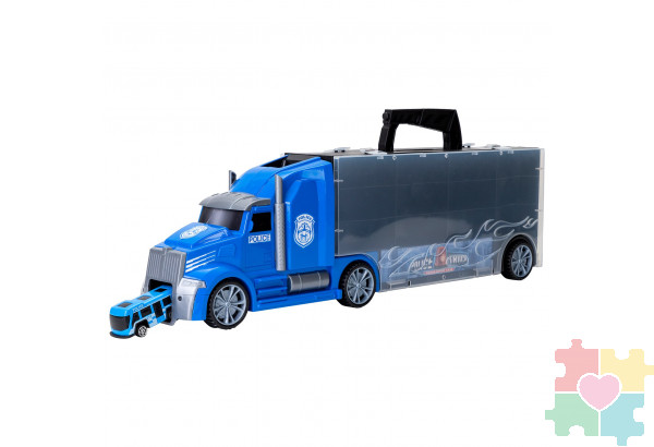 Набор машинок серии "Полицейский участок" (Автовоз - кейс 54 см, синий, с тоннелем. 4 машинки, 1 автобус, 1 вертолет и 10 дорожных знаков)