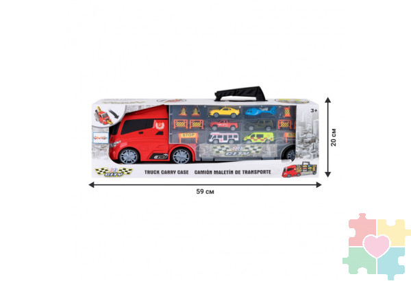 Набор машинок серии "Мой город" (Автовоз - кейс 54 см, красный, с тоннелем. 4 машинки, 1 автобус, 1 вертолет и 10 дорожных знаков)