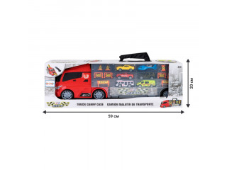 Набор машинок серии "Мой город" (Автовоз - кейс 54 см, красный, с тоннелем. 4 машинки, 1 автобус, 1 вертолет и 10 дорожных знаков)