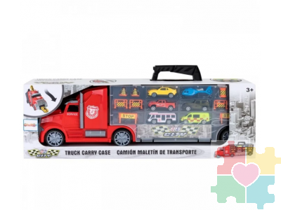 Набор машинок серии "Мой город" (Автовоз - кейс 54 см, красный, с тоннелем. 4 машинки, 1 автобус, 1 вертолет и 10 дорожных знаков)
