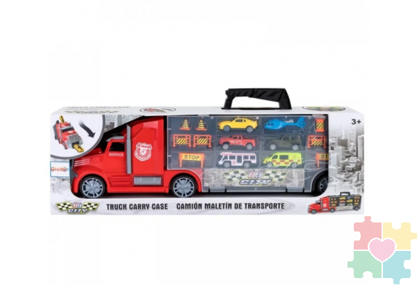 Набор машинок серии "Мой город" (Автовоз - кейс 54 см, красный, с тоннелем. 4 машинки, 1 автобус, 1 вертолет и 10 дорожных знаков)