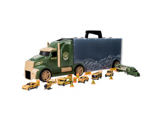 Детская машинка серии "Милитари" (Автовоз - кейс 64 см, зеленый, с тоннелем. Набор из 4 машинок, 1 автобуса, 1 вертолета, 1 фуры и 12 дорожных знаков)