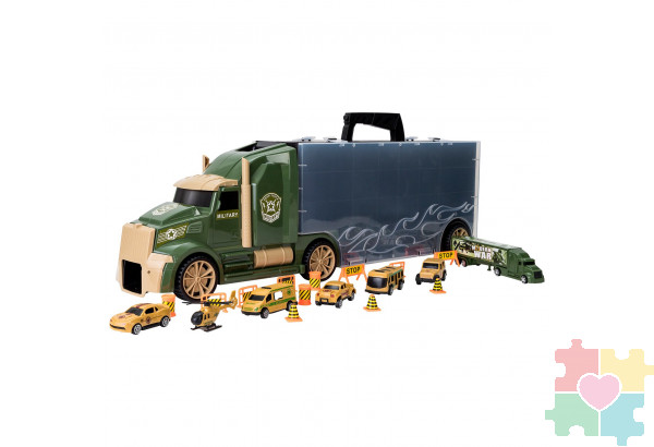 Детская машинка серии "Милитари" (Автовоз - кейс 64 см, зеленый, с тоннелем. Набор из 4 машинок, 1 автобуса, 1 вертолета, 1 фуры и 12 дорожных знаков)