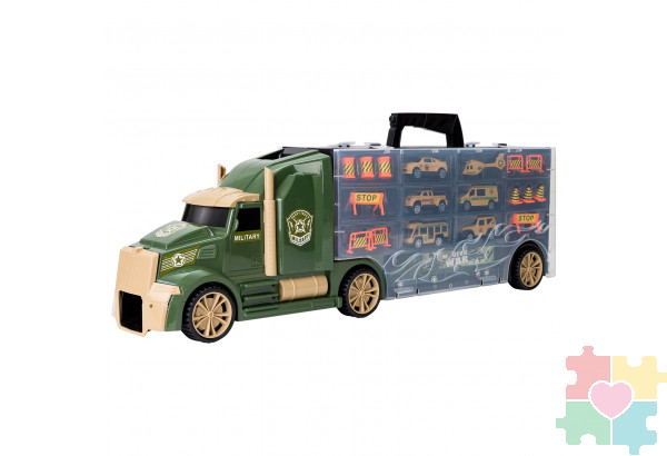 Детская машинка серии "Милитари" (Автовоз - кейс 64 см, зеленый, с тоннелем. Набор из 4 машинок, 1 автобуса, 1 вертолета, 1 фуры и 12 дорожных знаков)