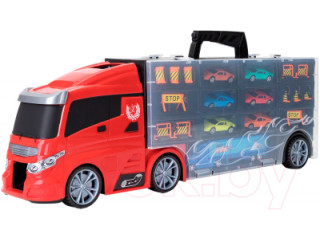 Детская машинка серии "Мой город" (Автовоз - кейс 59 см, красный, с тоннелем. Набор из 6 машинок, 1 фуры и 12 дорожных знаков)