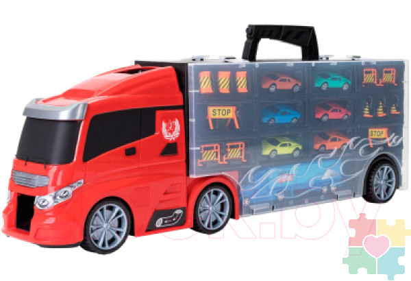 Детская машинка серии "Мой город" (Автовоз - кейс 59 см, красный, с тоннелем. Набор из 6 машинок, 1 фуры и 12 дорожных знаков)