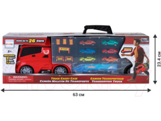 Детская машинка серии "Мой город" (Автовоз - кейс 59 см, красный, с тоннелем. Набор из 6 машинок, 1 фуры и 12 дорожных знаков)
