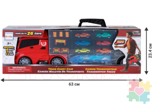 Детская машинка серии "Мой город" (Автовоз - кейс 59 см, красный, с тоннелем. Набор из 6 машинок, 1 фуры и 12 дорожных знаков)