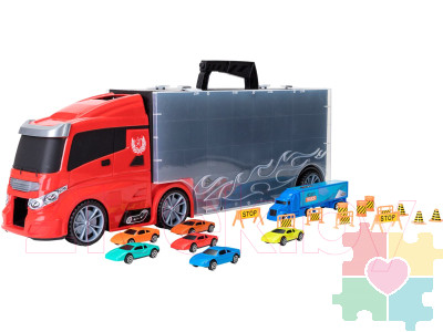 Детская машинка серии "Мой город" (Автовоз - кейс 59 см, красный, с тоннелем. Набор из 6 машинок, 1 фуры и 12 дорожных знаков)