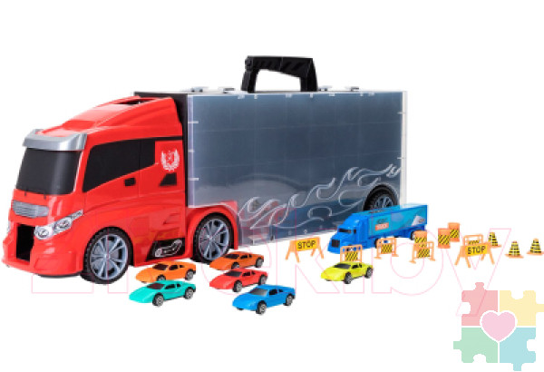 Детская машинка серии "Мой город" (Автовоз - кейс 59 см, красный, с тоннелем. Набор из 6 машинок, 1 фуры и 12 дорожных знаков)