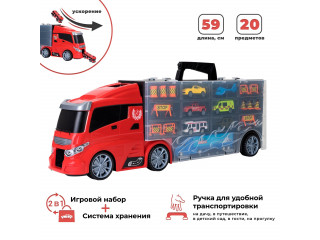 Детская машинка серии "Мой город" (Автовоз - кейс 64 см, красный, с тоннелем. Набор из 4 машинок, 1 автобуса, 1 вертолета, 1 фуры и 12 дорожных знаков)