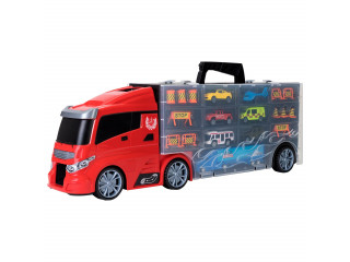 Детская машинка серии "Мой город" (Автовоз - кейс 64 см, красный, с тоннелем. Набор из 4 машинок, 1 автобуса, 1 вертолета, 1 фуры и 12 дорожных знаков)