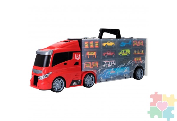 Детская машинка серии "Мой город" (Автовоз - кейс 64 см, красный, с тоннелем. Набор из 4 машинок, 1 автобуса, 1 вертолета, 1 фуры и 12 дорожных знаков)