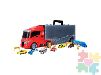 Детская машинка серии "Мой город" (Автовоз - кейс 64 см, красный, с тоннелем. Набор из 4 машинок, 1 автобуса, 1 вертолета, 1 фуры и 12 дорожных знаков)